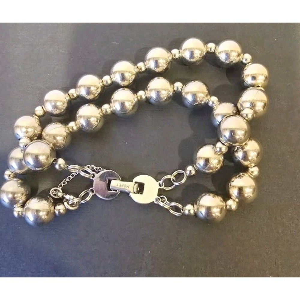 Vintage Monet Signed Silver Tone Double Strand Ball Bead Link Bracelet 7.5"